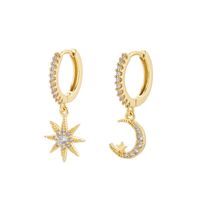 Fashion Copper S925 Silver Needle Zircon Star Moon Ear Asymmetric Hoop Earrings sku image 1
