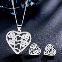 Fashion Titanium Steel Rhinestone Hollow Heart Pendant Necklace Earrings Set main image 2