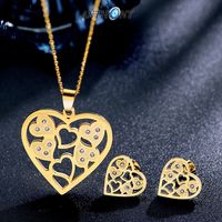 Fashion Titanium Steel Rhinestone Hollow Heart Pendant Necklace Earrings Set main image 3