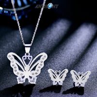 Fashion Titanium Steel Inlaid Rhinestone Hollow Butterfly Pendant Necklace Earring Set main image 4