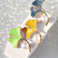 Italian Enamel Painted Ginkgo Leaf Brooch Fashion Freshwater Pearl Accessories main image 1