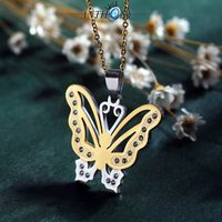 Fashion Titanium Steel Inlaid Rhinestone Hollow Butterfly Pendant Necklace Earring Set sku image 3