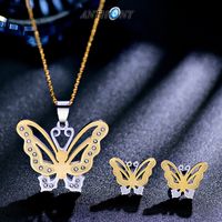 Fashion Titanium Steel Inlaid Rhinestone Hollow Butterfly Pendant Necklace Earring Set sku image 4
