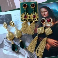 Vintage Tassel Red Emerald Pendant Mesh Stud Earrings Wholesale main image 1