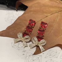 Vintage Candy-colored Square Transparent Red Bow Long Tassel Earrings sku image 2