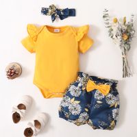 2022 Spring Girls Yellow Short-sleeved Romper Floral Shorts Hood Three-piece Set main image 3