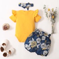 2022 Spring Girls Yellow Short-sleeved Romper Floral Shorts Hood Three-piece Set main image 4
