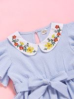 2022 New Dress Flower Embroidered Collar Striped Short-sleeved Children Dress main image 5