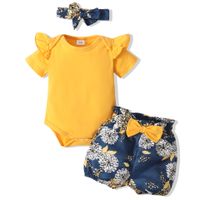 2022 Spring Girls Yellow Short-sleeved Romper Floral Shorts Hood Three-piece Set sku image 2