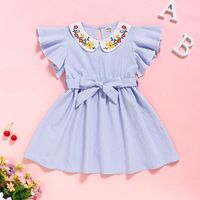 2022 New Dress Flower Embroidered Collar Striped Short-sleeved Children Dress sku image 2