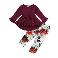 Solid Color Flared Top Floral Trousers Two-piece Set main image 4