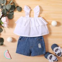 White Suspender Top Ripped Hole Fly Shorts Two-piece Set main image 4