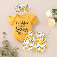 Baby Short Sleeve Solid Color Letter Printed Top Flower Printed Pants Set sku image 1