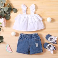 White Suspender Top Ripped Hole Fly Shorts Two-piece Set sku image 1
