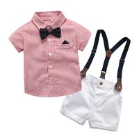Boy Suit Children's Striped Single-breasted Shirt Suspender Shorts Two-piece sku image 1