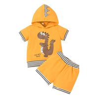 Girls Hooded Dinosaur Print Children's Striped Cartoon Shorts 2-piece Set sku image 5