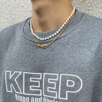 Fashion Trendy O-shaped Lock Pendant Clavicle Chain Design Double-layer Necklace Pearl Chain Men's Necklace main image 4