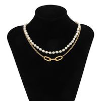 Fashion Trendy O-shaped Lock Pendant Clavicle Chain Design Double-layer Necklace Pearl Chain Men's Necklace sku image 1