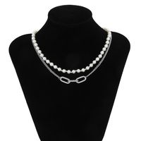 Fashion Trendy O-shaped Lock Pendant Clavicle Chain Design Double-layer Necklace Pearl Chain Men's Necklace sku image 2