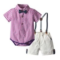 Summer Baby Plaid Jumpsuit Short-sleeved Romper Suspender Shorts Two-piece Set sku image 2