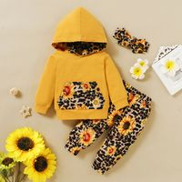 Yellow Print Hooded Cotton Sunflower Leopard Print Hooded Long-sleeved Pocket Sweatshirt Three-piece Set sku image 3