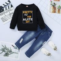 Cotton Black Pants Set Letter Print Round Neck Long Sleeve Sweatshirt Jeans Two-piece Set sku image 1