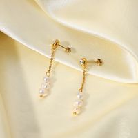 Stainless Steel Cubic Zirconia Long Chain Pearl Earrings main image 5