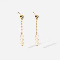 Stainless Steel Cubic Zirconia Long Chain Pearl Earrings main image 6