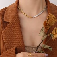 Light Luxury Zircon Splicing Necklace Bracelet Set Titanium Steel 18k Real Gold Plated Jewelry sku image 3