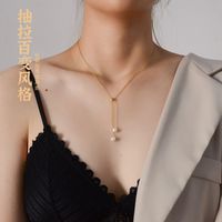 Niche Design Trendy Pearl Necklace Bracelet Vertical Square Chain Pull Titanium Steel Jewelry sku image 6