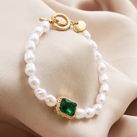European And American Retro Pearl Bracelet Creative Inlaid Green Gemstone Push-pull Bracelet Wholesale sku image 2