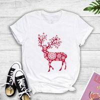 Pink Paper Cut Elk Print Casual Short Sleeve T-shirt sku image 1