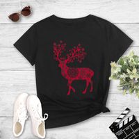 Pink Paper Cut Elk Print Casual Short Sleeve T-shirt sku image 6