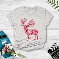 Pink Paper Cut Elk Print Casual Short Sleeve T-shirt sku image 11
