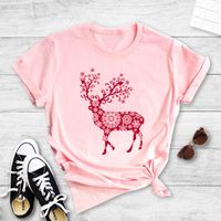 Pink Paper Cut Elk Print Casual Short Sleeve T-shirt sku image 16