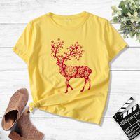 Pink Paper Cut Elk Print Casual Short Sleeve T-shirt sku image 21
