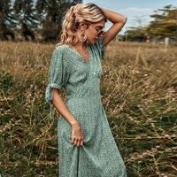 Women's Spring V-neck Sleeves Bowknot High Waist Green Print Dress Wholesale main image 4