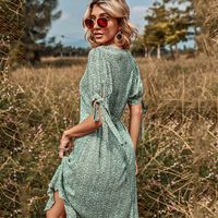 Women's Spring V-neck Sleeves Bowknot High Waist Green Print Dress Wholesale main image 5