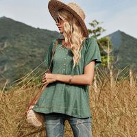 European And American Solid Color Round Neck Single-breasted Stitching Casual T-shirt Women main image 4