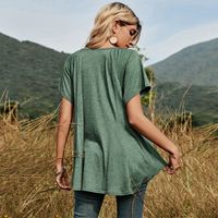 European And American Solid Color Round Neck Single-breasted Stitching Casual T-shirt Women main image 5