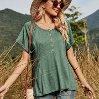 European And American Solid Color Round Neck Single-breasted Stitching Casual T-shirt Women sku image 1