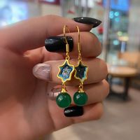 Fashion Enamel Dark Green Chalcedony Pendant Five-pointed Star Earrings main image 2