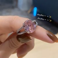 Fashionable Geometric Light Inlaid Zircon Natural Pink Crystal Ring main image 3