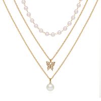 2022 New Creative Simple Pearl Diamond Butterfly Pendant Three Layer Necklace main image 1
