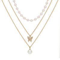 2022 New Creative Simple Pearl Diamond Butterfly Pendant Three Layer Necklace main image 2