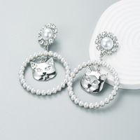 Fashion Shiny Alloy Rhinestone Cat Head Ring Pearl Trend Earrings main image 2