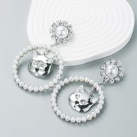 Fashion Shiny Alloy Rhinestone Cat Head Ring Pearl Trend Earrings main image 3