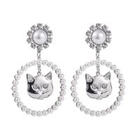 Fashion Shiny Alloy Rhinestone Cat Head Ring Pearl Trend Earrings main image 6