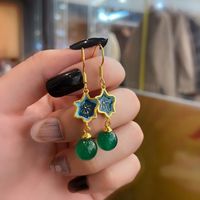 Fashion Enamel Dark Green Chalcedony Pendant Five-pointed Star Earrings sku image 2