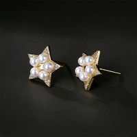 Golden Copper Micro-inlaid Zircon Pearl Five-pointed Star Stud Earrings main image 2
